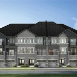 Architectural rendering of modern back-to-back townhomes at Crown of Caledon, featuring gray brick and dark siding exterior with built-in garages.