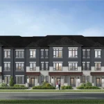 Architectural rendering of 3-storey rear lane townhomes at Crown of Caledon, featuring dark brick facade, light stone accents, and covered front entrances.