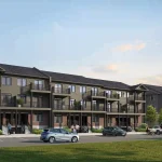 Modern stacked urban townhouses at Cadence showing multi-level units with spacious balconies, dark grey siding, and brick accents overlooking a paved parking area.