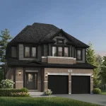 Front exterior rendering of a Cadence 40-foot detached home featuring a double-car garage, brick and siding exterior, and a classic covered front porch.