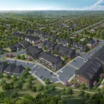 Aerial rendering of the Cadence community master plan featuring a mix of detached homes, townhouses, and stacked urban towns surrounded by lush green spaces and a community pond.