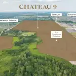Aerial site map of the Chateau 9 development in Stouffville, showing the designated land for The Townhome Collection near Bethesda Sideroad, Ninth Line, and Baker Hill Blvd, surrounded by green space.
