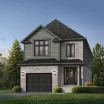 Exterior rendering of a Tidra 30-foot detached home featuring a light grey brick facade, dark grey siding accents, and a single-car garage.