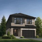 Modern two-story Tidra 30-foot detached house with a tan brick exterior, black horizontal siding on the upper level, and a wide black garage door.