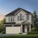 Architectural rendering of a Tidra 34-foot detached home showcasing a dark brick lower level, light beige siding, and a two-car garage under a gabled roof.