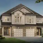 Front view of Tidra semi-detached homes featuring a symmetrical design with tan brick, light horizontal siding, and private covered entrances for each unit.