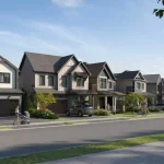 Streetscape rendering of modern single-family homes in the Wellwood community with residents walking along paved sidewalks.