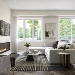 Modern living room design at Creekview Collective in Milton with herringbone hardwood floors, a built-in fireplace, large windows, and contemporary wall molding.