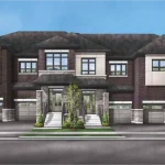 Artist rendering of modern freehold townhomes at Arbourwoods in Vaughan featuring brick and stone façade, oversized windows, private garages, and landscaped streetscape