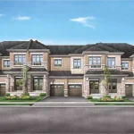 Artist rendering of modern freehold townhomes at Arbourwoods in Vaughan featuring brick and stone façade, oversized windows, private garages, and landscaped streetscape