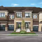 Artist rendering of modern freehold townhomes at Arbourwoods in Vaughan featuring brick and stone façade, oversized windows, private garages, and landscaped streetscape