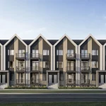 Modern exterior rendering of Aura Lakeview Village townhomes featuring contemporary gabled roofs, dark charcoal and light wood-textured siding, and private glass balconies under a clear sky.