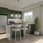 Modern kitchen interior at Aura Lakeview Village townhomes featuring forest green cabinetry, gold hardware, a white quartz waterfall island with bar stools, and stainless steel appliances.