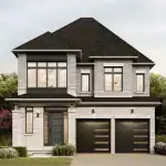 Exterior rendering of a 40-foot detached home by Marycroft Homes in The Valley Woodbridge, showcasing a gray brick exterior, dark trim, and a two-car garage.