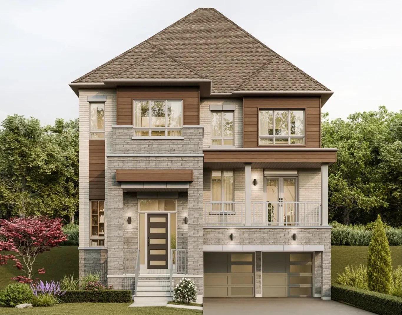 Front elevation of a 45-foot detached luxury home at The Valley Woodbridge featuring a stone and wood-panelled facade, elevated balcony, and integrated two-car garage.