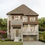 Front elevation of a 45-foot detached luxury home at The Valley Woodbridge featuring a stone and wood-panelled facade, elevated balcony, and integrated two-car garage.