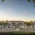 Wide architectural rendering of the 77 McQueen townhome community in Fergus, ON, featuring modern multi-story stacked towns, professional landscaping, a pedestrian crosswalk, and the marketing slogan "Discover the Art of Living."