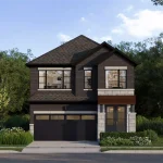 Exterior rendering of a two-story dark brick detached single-family home with a two-car garage at Cornerstone.