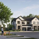 Architectural rendering of modern townhomes at the Cornerstone community, featuring white brick exteriors, stone accents, and a family with a dog on the lawn.