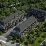 Aerial view of Fifth Avenue Homes Woodbridge development site on Islington Avenue, showing townhome blocks nestled against the lush greenery of the Humber River.