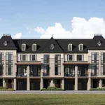Front elevation rendering of Fifth Avenue Homes Woodbridge, featuring luxury three-story townhomes with French-inspired Mansard roofs, stone facades, and integrated garages.