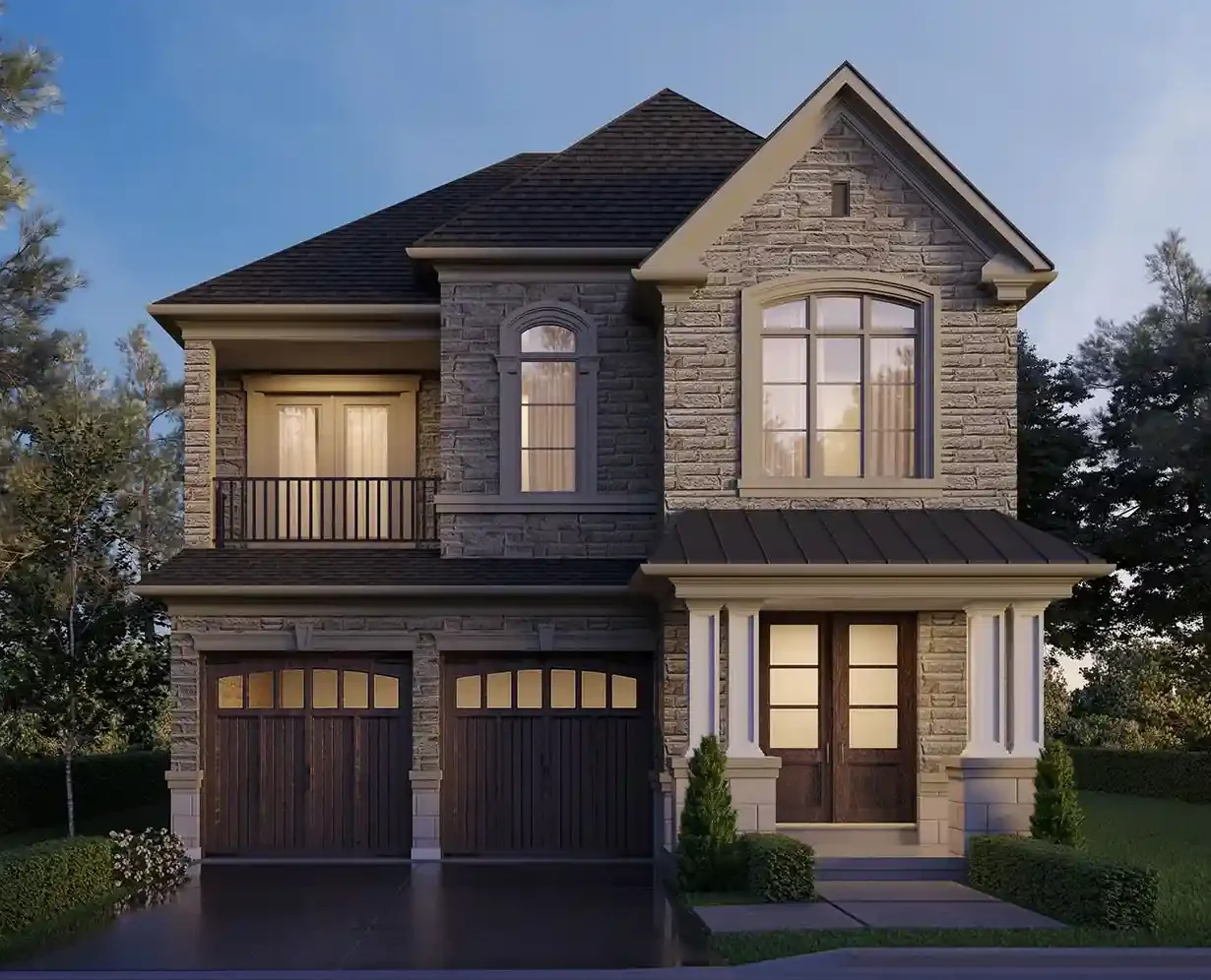 Elegant 38-foot detached residence at Joshua Creek Montage, Oakville, with a full stone facade, arched windows, a covered front porch, and sophisticated dark wood garage doors.