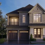 Elegant 38-foot detached residence at Joshua Creek Montage, Oakville, with a full stone facade, arched windows, a covered front porch, and sophisticated dark wood garage doors.
