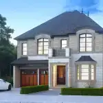 A grand 45-foot detached single-family home at Joshua Creek Montage, Oakville, showcasing a French Provincial stone exterior, a two-car garage, and a second-floor balcony.