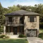 New 35-foot detached home in Stittsville Magnolia community featuring a second-floor glass balcony, tan horizontal siding, and modern stone masonry.