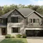 Modern 50-foot detached new home in Magnolia Stittsville, Ottawa, featuring light grey stone and dark grey vertical siding with a two-car garage.