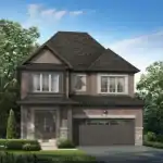 Exterior rendering of a two-storey detached single-family home at North Gate Trails in Ajax, featuring a red brick and grey stone facade, a two-car garage, and modern gabled rooflines.