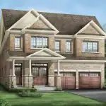 Exterior rendering of a 41' detached luxury home at Novella in Mississauga, featuring a traditional red brick facade, peaked gables, a covered front porch with white columns, and a two-car garage with wood-finish doors.