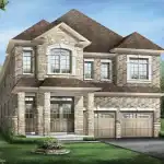 Architectural rendering of a Novella Mississauga 41' detached home featuring a mix of light stone and earth-toned brick, an arched second-story window, a hip roof design, and modern tan double garage doors.