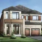 Modern contemporary 41' detached home at Novella Mississauga, showcasing a sleek exterior with large floor-to-ceiling windows, flat roof accents, dark trim, and a high-contrast red brick and light stone finish.