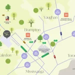 Amenity map of SouthCal Caledon showing proximity to Hwy 410, Toronto Pearson International Airport, Bramalea City Centre, and local conservation areas like Cheltenham Badlands.