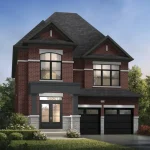 Exterior rendering of a luxury 2-story detached home by Arista Homes at SouthCal Caledon featuring a red brick facade, double car garage, and traditional architectural details.