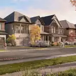 Contemporary streetscape at SouthCal in Caledon featuring luxury detached homes by Opus Homes with modern brick and stone exteriors, manicured lawns, and active family lifestyle.