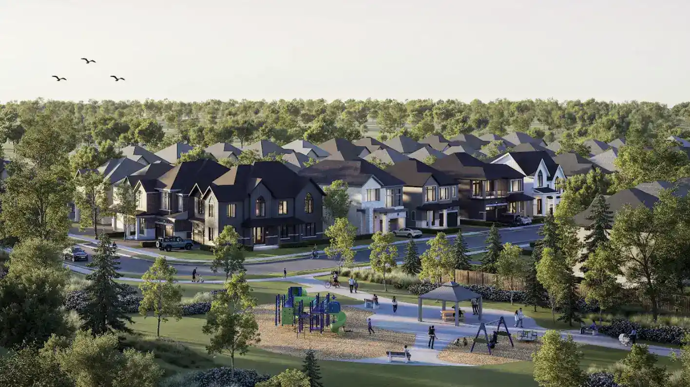 Aerial view of the SouthCal master-planned community in Caledon showing neighborhood parks, playground amenities, and rows of modern single-family homes surrounded by greenery.