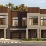Ultra-modern urban townhomes by Arista, Deco, and Opus Homes at Unionglen, Markham, highlighted by flat rooflines, wood-panel siding, and minimalist geometric architecture.
