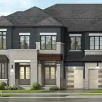 Transitional-style rear-lane townhome rendering by Fieldgate Homes in Unionglen, featuring a dark grey brick facade, light stone detailing, and integrated two-car garages.