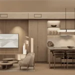 Modern open-concept interior of an Ellia at Unity townhouse, featuring a minimalist kitchen with stone backsplashes, a warm wood-paneled living area, and contemporary light fixtures in a neutral color palette.