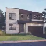 Exterior rendering of a modern 43-foot detached home in Arcadia, featuring a light stone and dark brick facade, large windows, and a two-car garage.