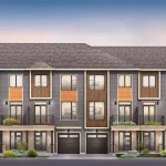 Front elevation of Arcadia Avenue Towns featuring three-story modern townhouses with grey siding, warm wood accents, second-story balconies, and built-in garages.