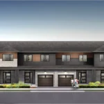 Street-level rendering of the Arcadia Executive Townhomes, showcasing contemporary multi-unit architecture with stone accents, wood-look panels, and private driveways.