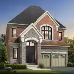 Front elevation of a Kleinburg Hills detached luxury home showcasing red brick and stone masonry, a vaulted entryway, and copper-tone metal roof accents.