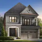Exterior rendering of a Kleinburg Hills 40-foot detached home featuring a grey stucco and stone facade, a second-floor balcony, and a two-car garage.