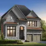 Architectural rendering of a premium 46-foot detached home in Kleinburg Hills with a stone exterior, large arched windows, and a multi-car garage at sunset.