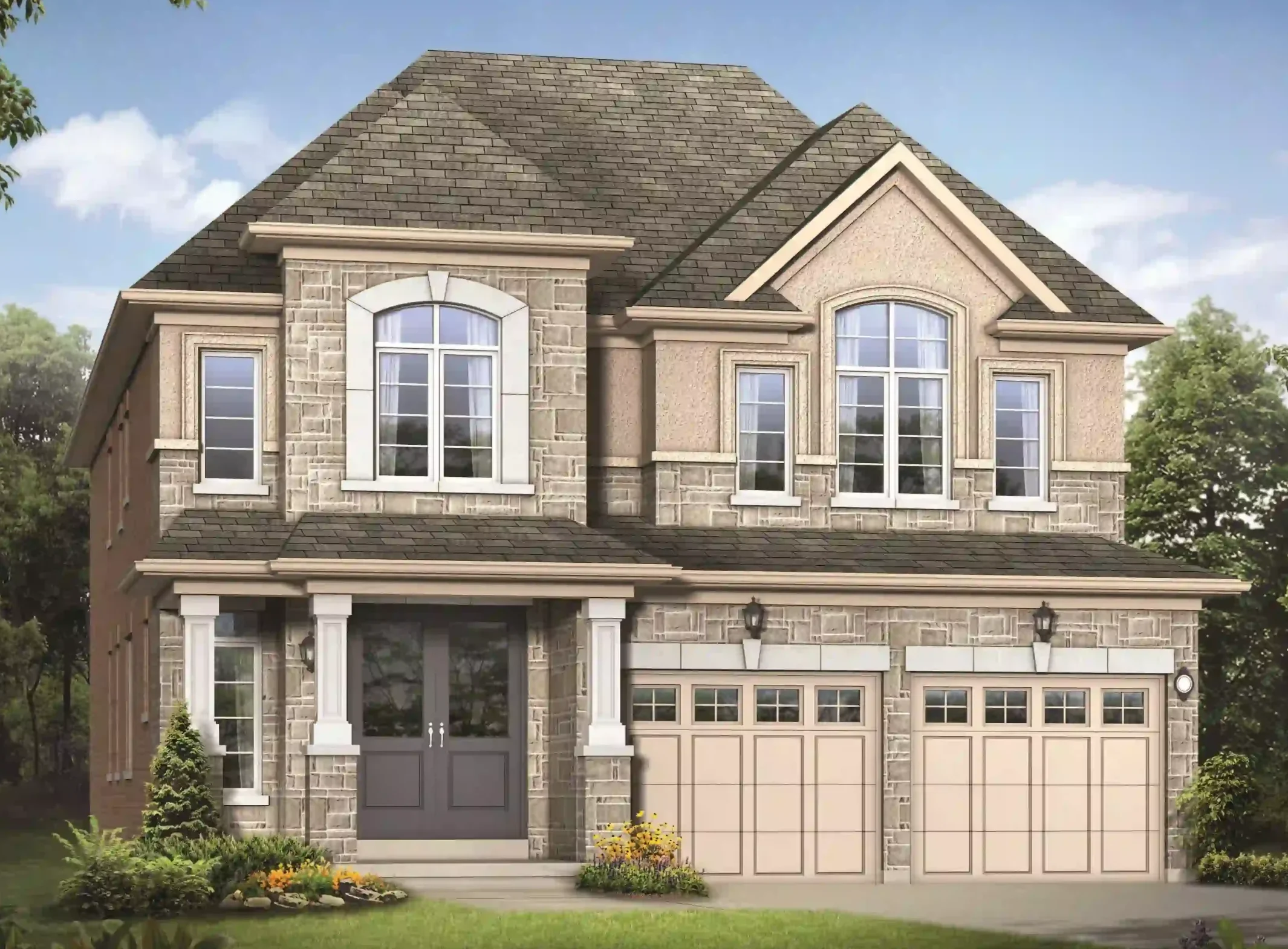 Exterior rendering of a luxury detached two-story home at On The Ridge in Stoney Creek, featuring a stone and stucco facade, a double-car garage, and elegant arched windows surrounded by lush green trees.