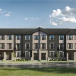 Exterior rendering of modern Lane Towns at Reva Westfield in Brampton, featuring dark brick facades, light siding accents, and multi-level windows under a clear blue sky.