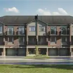 Modern Urban Towns rendering at Reva Westfield, Brampton, highlighting brown brick construction, private balconies, and sleek garage entries with professional landscaping.